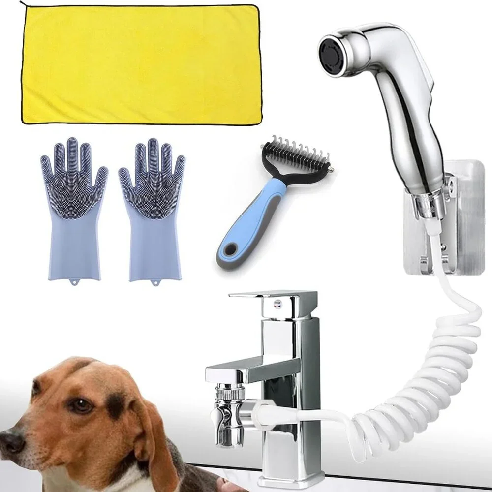 Dog Shower Hose Attachment with Towel and Gloves